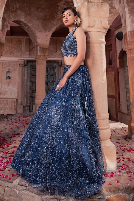 Meenagurnam_Blue Net Sequins, Embroidery, Beads V-neck Classic Lehenga Set _Online_at_Aza_Fashions