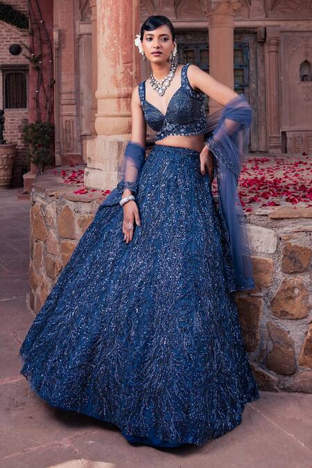 Meenagurnam_Blue Net Sequins, Embroidery, Beads V-neck Classic Lehenga Set _at_Aza_Fashions