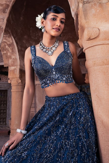 Buy_Meenagurnam_Blue Net Sequins, Embroidery, Beads V-neck Classic Lehenga Set 