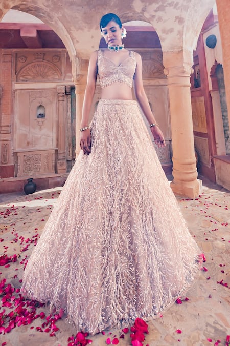 Meenagurnam_Beige Net Sequins, Embroidery, Beads Sweetheart Neck Classic Lehenga Set _Online_at_Aza_Fashions
