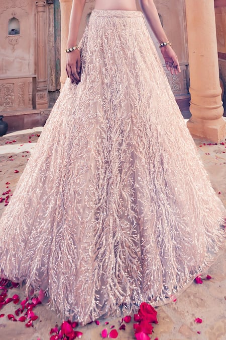 Buy_Meenagurnam_Beige Net Sequins, Embroidery, Beads Sweetheart Neck Classic Lehenga Set _Online_at_Aza_Fashions