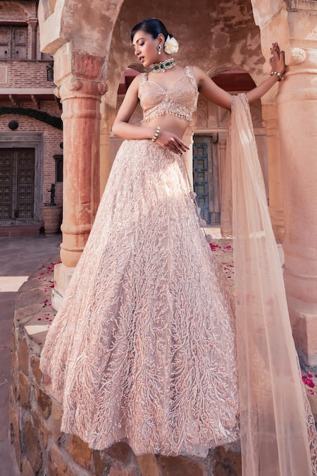 Shop_Meenagurnam_Beige Net Sequins, Embroidery, Beads Sweetheart Neck Classic Lehenga Set _Online_at_Aza_Fashions
