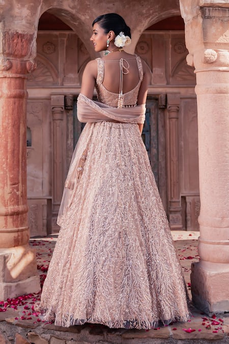 Shop_Meenagurnam_Beige Net Sequins, Embroidery, Beads Sweetheart Neck Classic Lehenga Set _at_Aza_Fashions