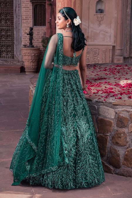 Meenagurnam Emerald Green Embroidered Lehenga Set 