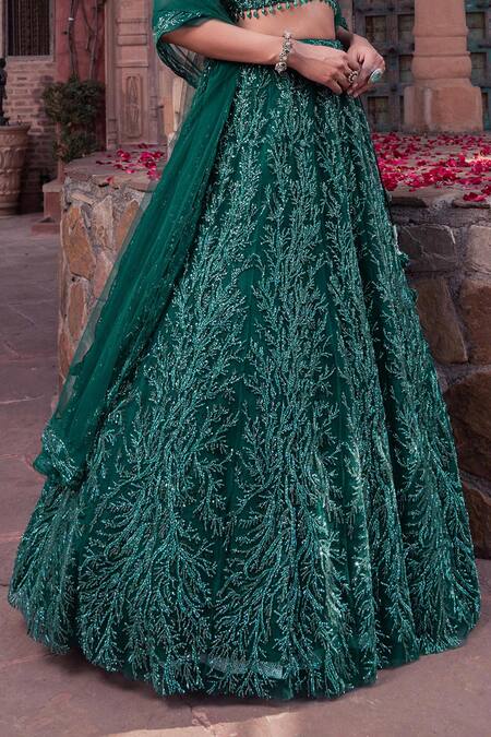Buy Meenagurnam Green Net Sequins, Embroidery V-neck Emerald Lehenga Set Online at Aza Fashions Buy_Meenagurnam_Green Net Sequins, Embroidery V-neck Emerald Lehenga Set _Online_at_Aza_Fashions