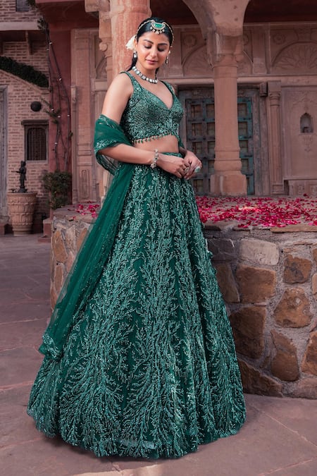 Shop Meenagurnam Green Net Sequins, Embroidery V-neck Emerald Lehenga Set Online at Aza Fashions Shop_Meenagurnam_Green Net Sequins, Embroidery V-neck Emerald Lehenga Set _Online_at_Aza_Fashions