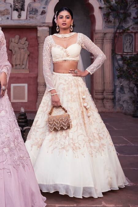 Buy_Meenagurnam_Beige Net, Viscose, Georgette Beads, Sequins, Embroidery Classic Lehenga Set _Online_at_Aza_Fashions