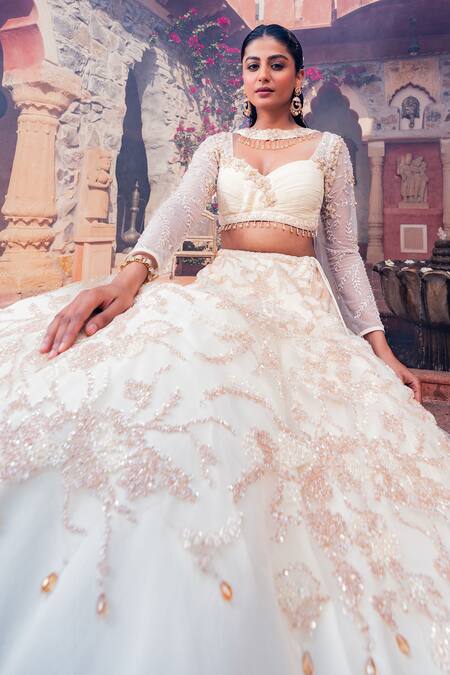 Shop_Meenagurnam_Beige Net, Viscose, Georgette Beads, Sequins, Embroidery Classic Lehenga Set _Online_at_Aza_Fashions