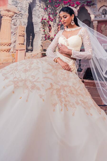 Meenagurnam_Beige Net, Viscose, Georgette Beads, Sequins, Embroidery Classic Lehenga Set _at_Aza_Fashions