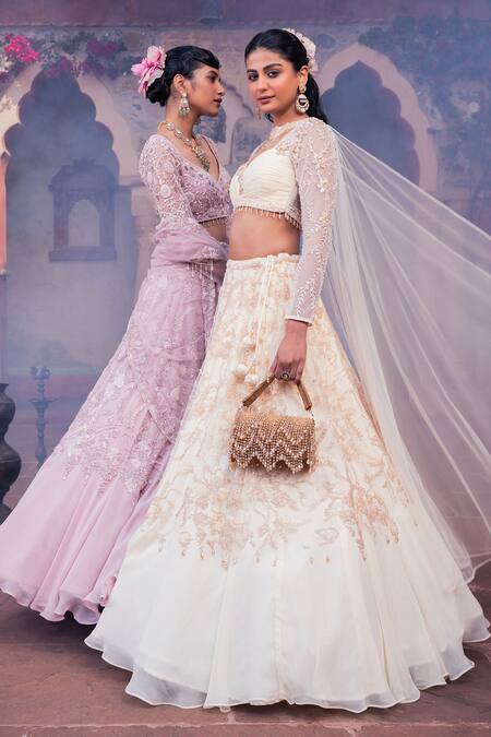 Buy_Meenagurnam_Beige Net, Viscose, Georgette Beads, Sequins, Embroidery Classic Lehenga Set 