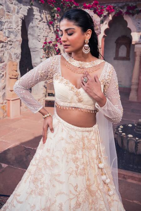 Shop_Meenagurnam_Beige Net, Viscose, Georgette Beads, Sequins, Embroidery Classic Lehenga Set 