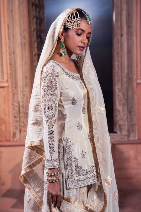 Shop Meenagurnam Ivory Jacquard Embroidery Round Neck Tissue Kurta Set Shop_Meenagurnam_Ivory Jacquard Embroidery Round Neck Tissue Kurta Set