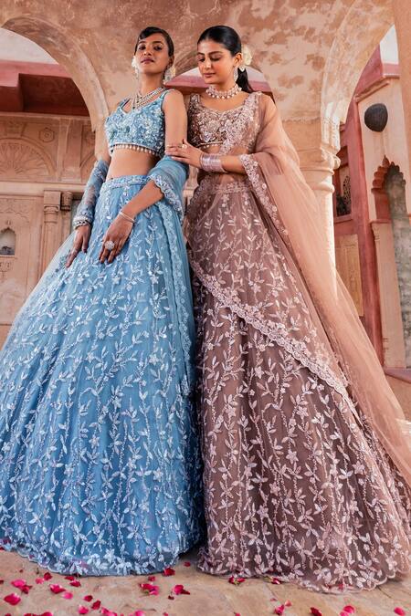 Shop_Meenagurnam_Brown Net Sequins, Embroidery Classic Lehenga Set _Online_at_Aza_Fashions