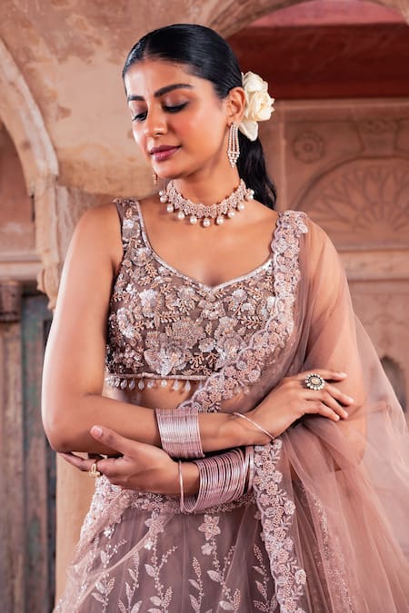 Meenagurnam_Brown Net Sequins, Embroidery Classic Lehenga Set _at_Aza_Fashions