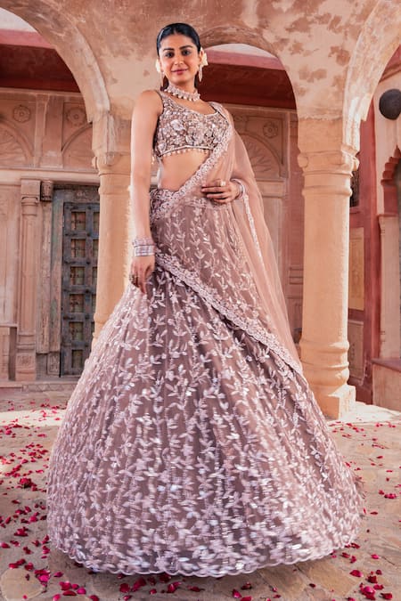 Buy_Meenagurnam_Brown Net Sequins, Embroidery Classic Lehenga Set 