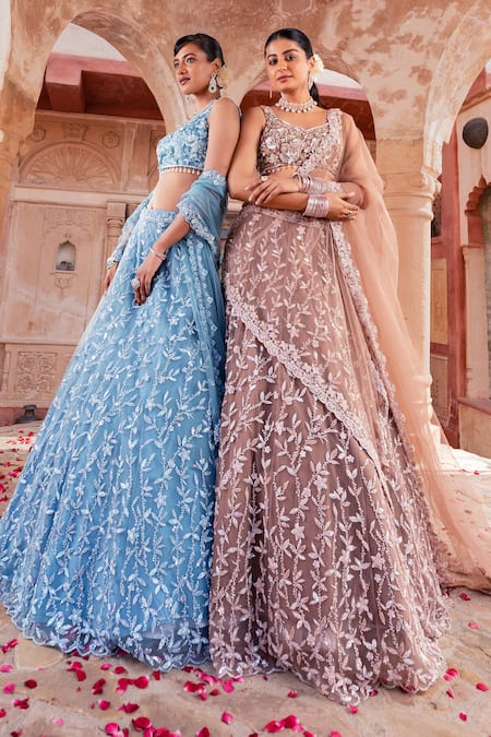 Shop_Meenagurnam_Brown Net Sequins, Embroidery Classic Lehenga Set 
