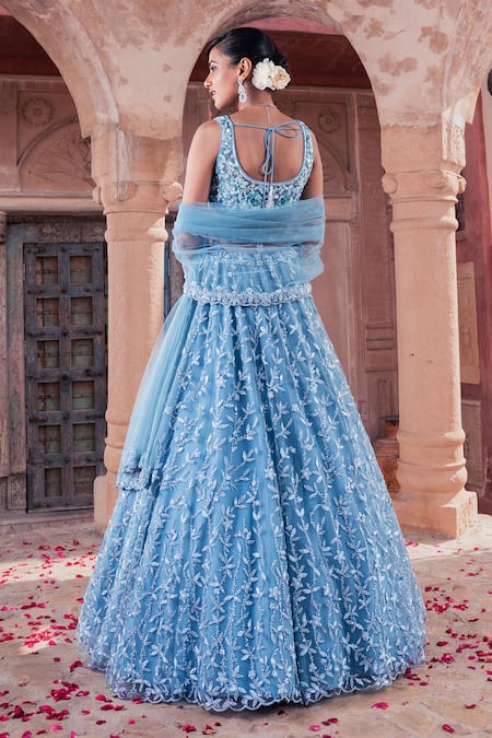 Meenagurnam_Blue Net Sequins, Beads, Embroidery Lehenga Set _Online_at_Aza_Fashions