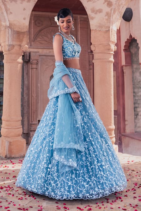 Buy_Meenagurnam_Blue Net Sequins, Beads, Embroidery Lehenga Set _Online_at_Aza_Fashions