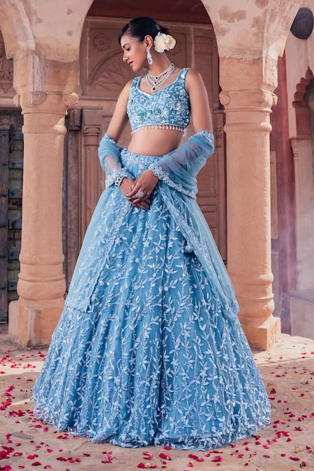 Shop_Meenagurnam_Blue Net Sequins, Beads, Embroidery Lehenga Set _Online_at_Aza_Fashions