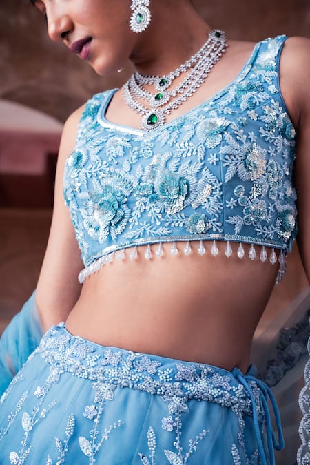 Meenagurnam_Blue Net Sequins, Beads, Embroidery Lehenga Set _at_Aza_Fashions