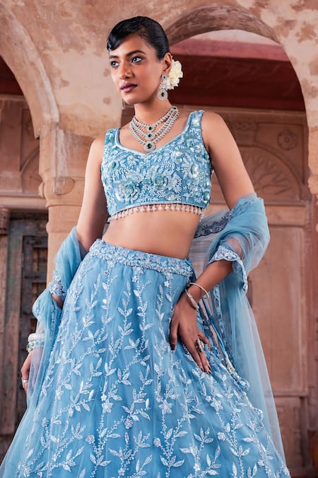 Buy_Meenagurnam_Blue Net Sequins, Beads, Embroidery Lehenga Set 