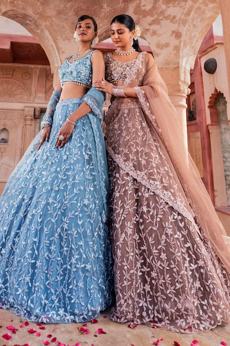 Shop_Meenagurnam_Blue Net Sequins, Beads, Embroidery Lehenga Set 