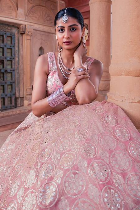 Buy_Meenagurnam_Pink Tissue Sequins, Embroidery, Beads V-neck Lehenga Set _Online_at_Aza_Fashions
