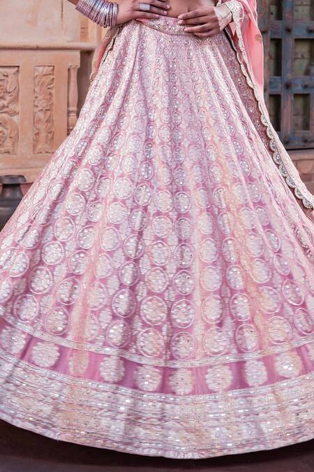Shop_Meenagurnam_Pink Tissue Sequins, Embroidery, Beads V-neck Lehenga Set _Online_at_Aza_Fashions