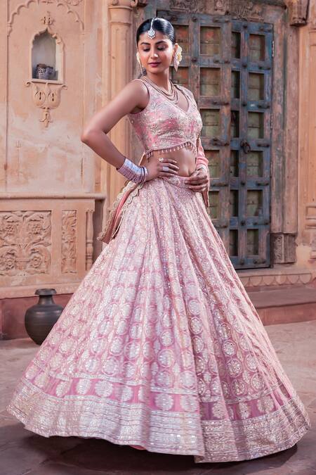 Meenagurnam_Pink Tissue Sequins, Embroidery, Beads V-neck Lehenga Set _at_Aza_Fashions