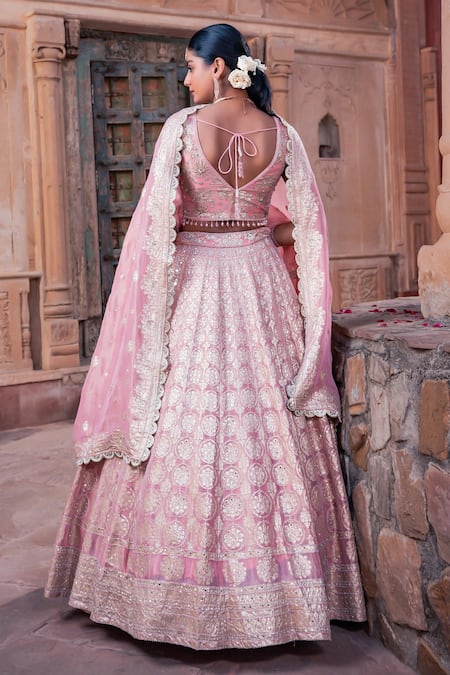 Meenagurnam_Pink Tissue Sequins, Embroidery, Beads V-neck Lehenga Set _Online_at_Aza_Fashions