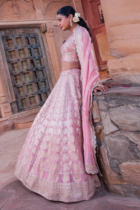 Shop_Meenagurnam_Pink Tissue Sequins, Embroidery, Beads V-neck Lehenga Set 