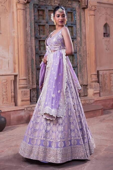 Buy_Meenagurnam_Lilac Tissue Sequins, Embroidery V-neck Classic Bridal Lehenga Set _Online_at_Aza_Fashions