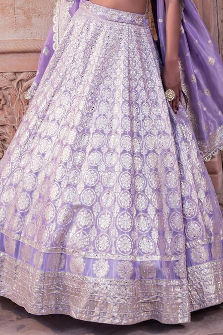 Shop_Meenagurnam_Lilac Tissue Sequins, Embroidery V-neck Classic Bridal Lehenga Set _Online_at_Aza_Fashions