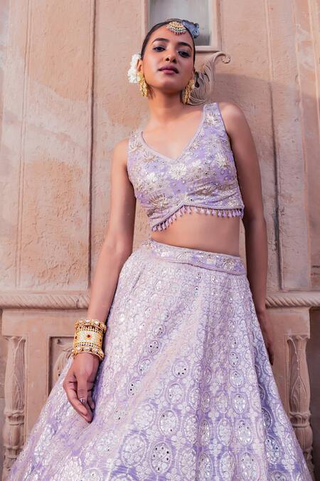 Meenagurnam_Lilac Tissue Sequins, Embroidery V-neck Classic Bridal Lehenga Set _at_Aza_Fashions