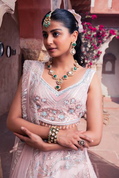 Buy Meenagurnam Pink Net Sequins, Embroidery V-neck Classic Lehenga Set Online at Aza Fashions Buy_Meenagurnam_Pink Net Sequins, Embroidery V-neck Classic Lehenga Set _Online_at_Aza_Fashions