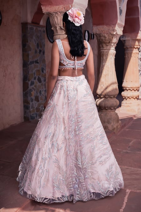 Meenagurnam Pink Net Sequins, Embroidery V-neck Classic Lehenga Set Online at Aza Fashions Meenagurnam_Pink Net Sequins, Embroidery V-neck Classic Lehenga Set _Online_at_Aza_Fashions