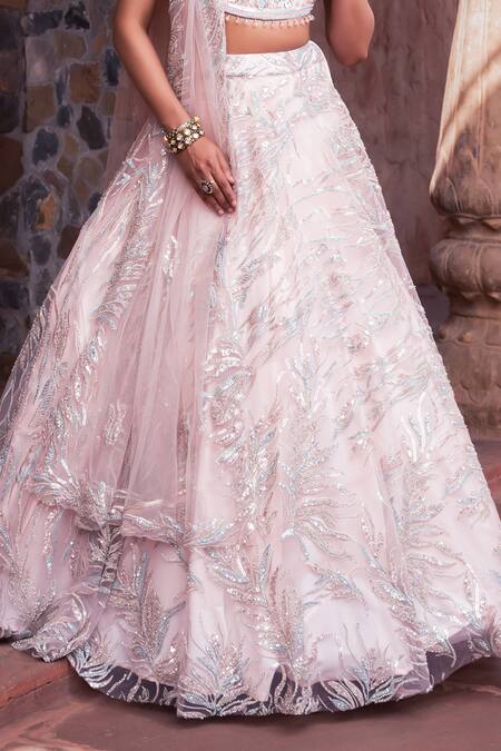 Shop Meenagurnam Pink Net Sequins, Embroidery V-neck Classic Lehenga Set Online at Aza Fashions Shop_Meenagurnam_Pink Net Sequins, Embroidery V-neck Classic Lehenga Set _Online_at_Aza_Fashions