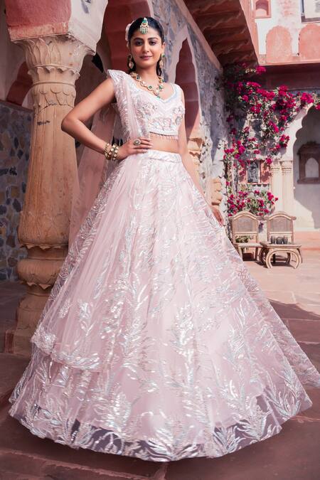Buy Meenagurnam Pink Net Sequins, Embroidery V-neck Classic Lehenga Set Buy_Meenagurnam_Pink Net Sequins, Embroidery V-neck Classic Lehenga Set