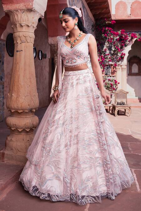 Shop Meenagurnam Pink Net Sequins, Embroidery V-neck Classic Lehenga Set Shop_Meenagurnam_Pink Net Sequins, Embroidery V-neck Classic Lehenga Set