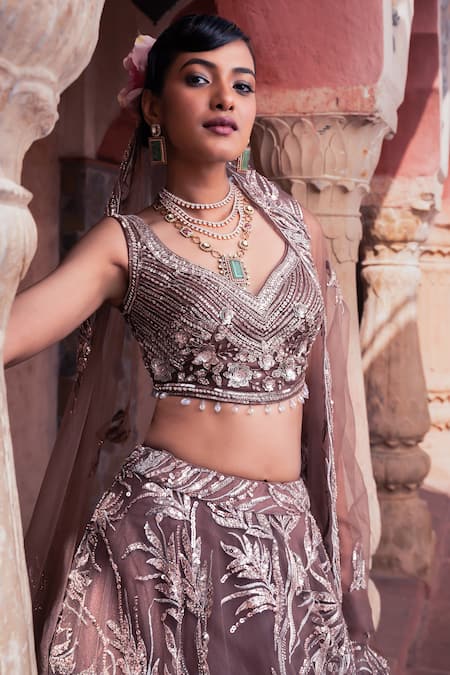 Shop Meenagurnam Brown Net Embroidery, Sequins V-neck Classic Lehenga Set Online at Aza Fashions Shop_Meenagurnam_Brown Net Embroidery, Sequins V-neck Classic Lehenga Set _Online_at_Aza_Fashions