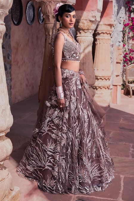 Meenagurnam Brown Net Embroidery, Sequins V-neck Classic Lehenga Set at Aza Fashions Meenagurnam_Brown Net Embroidery, Sequins V-neck Classic Lehenga Set _at_Aza_Fashions