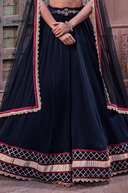 Buy_Meenagurnam_Black Net, Viscose, Georgette Embroidery Round Neck Lehenga Set _Online_at_Aza_Fashions