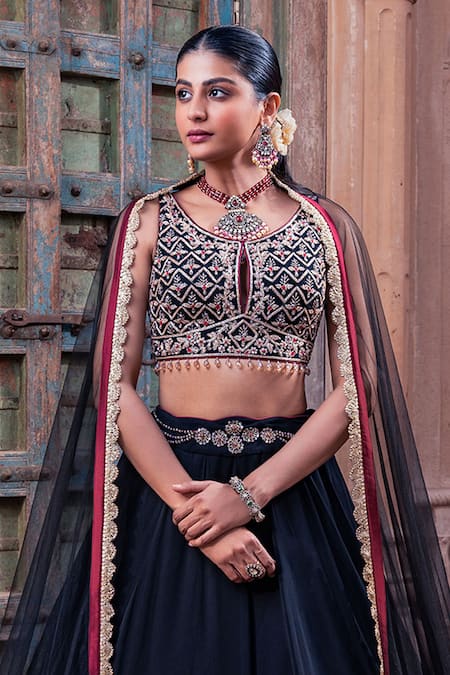 Shop_Meenagurnam_Black Net, Viscose, Georgette Embroidery Round Neck Lehenga Set _Online_at_Aza_Fashions