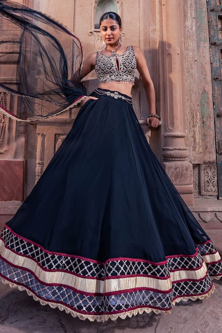Meenagurnam_Black Net, Viscose, Georgette Embroidery Round Neck Lehenga Set _at_Aza_Fashions