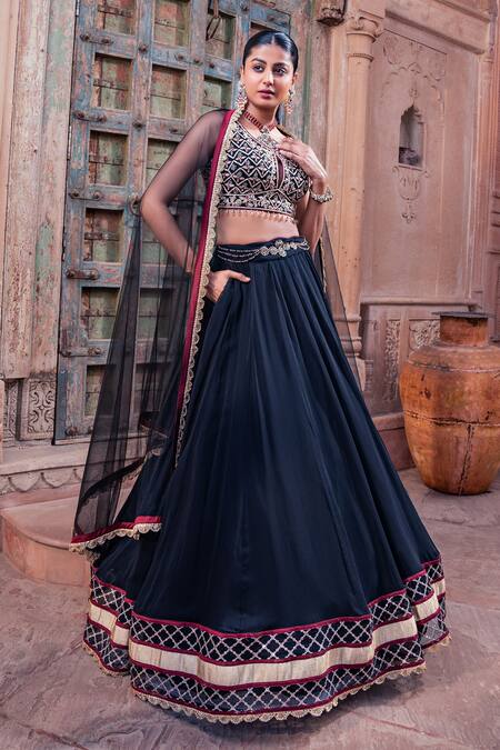 Shop_Meenagurnam_Black Net, Viscose, Georgette Embroidery Round Neck Lehenga Set 