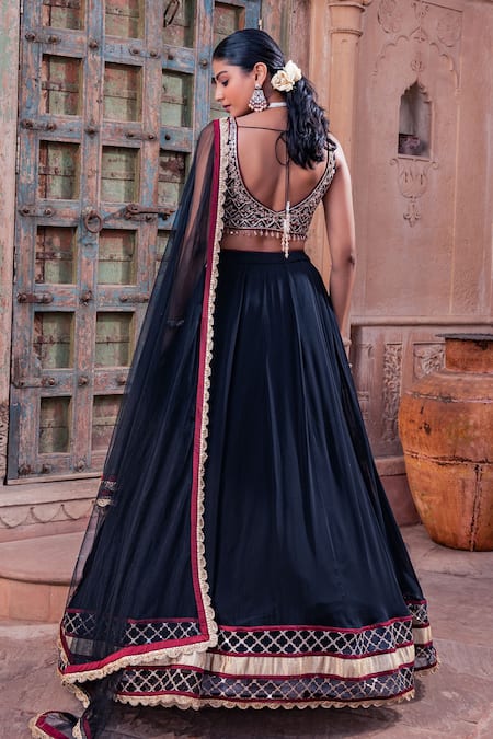 Meenagurnam_Black Net, Viscose, Georgette Embroidery Round Neck Lehenga Set _Online_at_Aza_Fashions