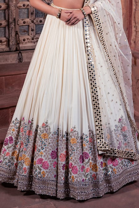 Meenagurnam_Ivory Net, Viscose, Georgette Embroidery, Sequins, Beads Floral Lehenga Set _at_Aza_Fashions