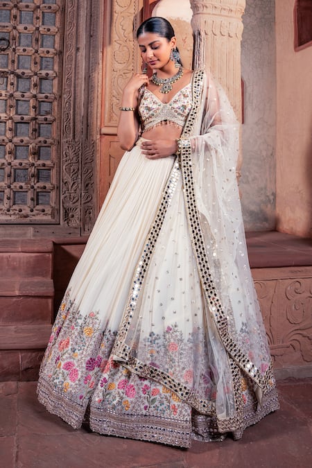 Buy_Meenagurnam_Ivory Net, Viscose, Georgette Embroidery, Sequins, Beads Floral Lehenga Set 