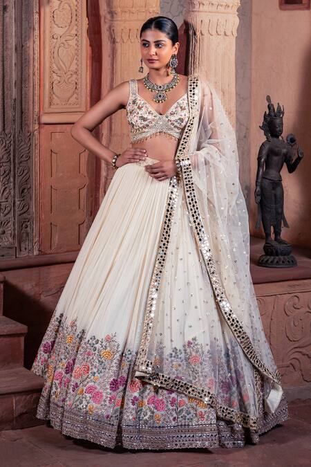 Shop_Meenagurnam_Ivory Net, Viscose, Georgette Embroidery, Sequins, Beads Floral Lehenga Set 