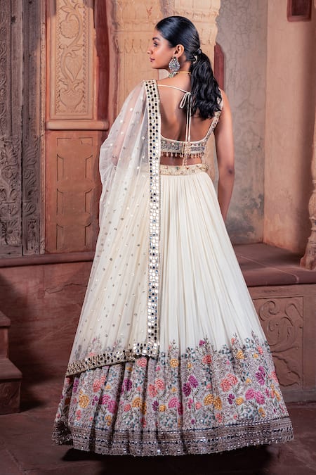Meenagurnam_Ivory Net, Viscose, Georgette Embroidery, Sequins, Beads Floral Lehenga Set _Online_at_Aza_Fashions